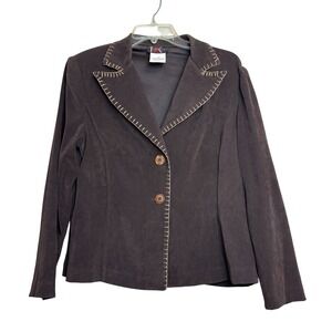 R&K Original Petite Blazer Womens 14P Brown Blanket Stitch Faux Suede Jacket 90s